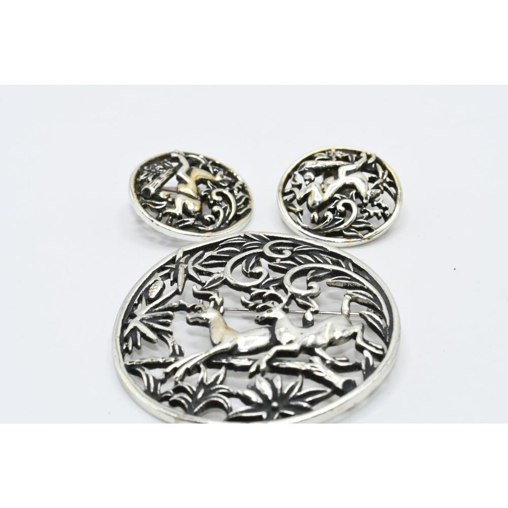 Vintage Sarah Coventry Deer in the Woods Brooch Pendant Earrings Set 1958